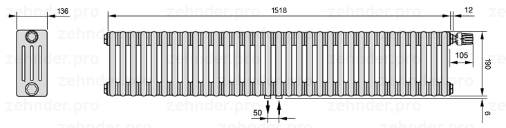 Схема (чертеж) Радиатор Zehnder Charleston 4019/33 №V008 Белый глянцевый RAL 9016